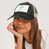 Customizable black cotton baseball cap with mesh back and 'YOUR DESIGN HERE' text, MyArtsyGift