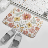 Coral velvet floral bath rug for bathroom, with watercolor flowers and non-slip backing
