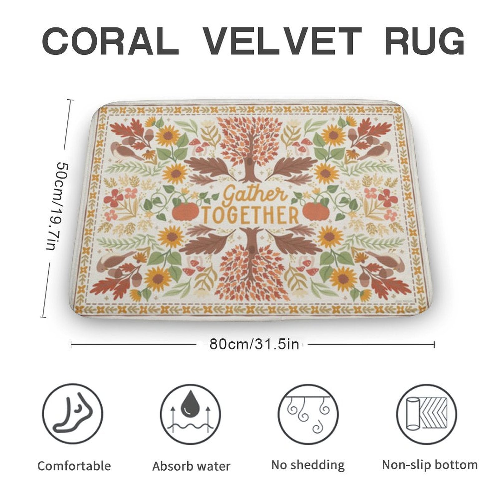 Coral velvet rug with floral design, non-slip, and 'Gather Together' text for bathroom or kitchen decor