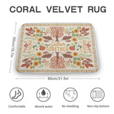 Coral velvet rug with floral design, non-slip, and 'Gather Together' text for bathroom or kitchen decor
