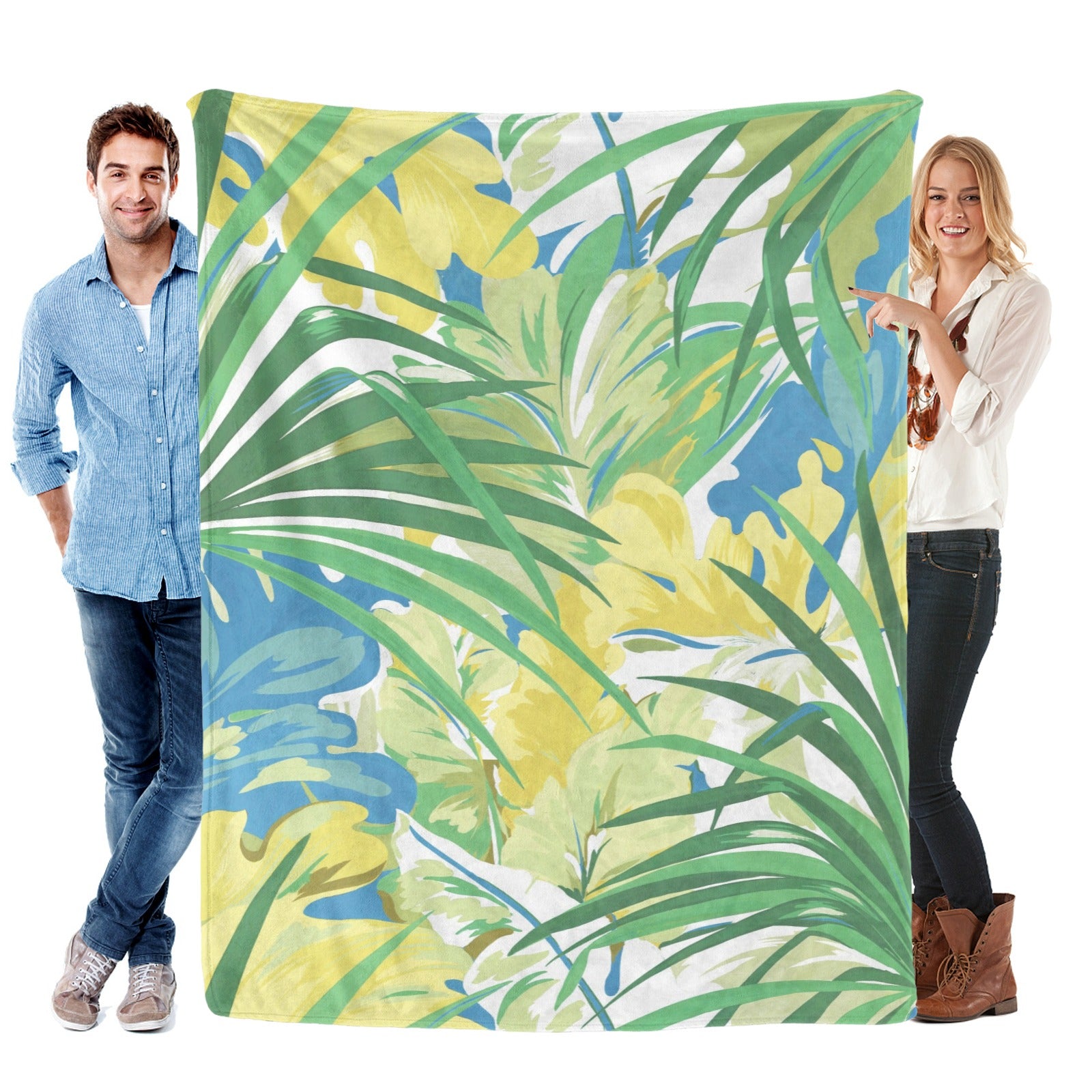 Green tropical plants flannel blanket for sofa couch bed. Features vibrant floral design made in USA