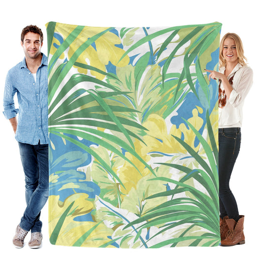 Green tropical plants flannel blanket for sofa couch bed. Features vibrant floral design made in USA