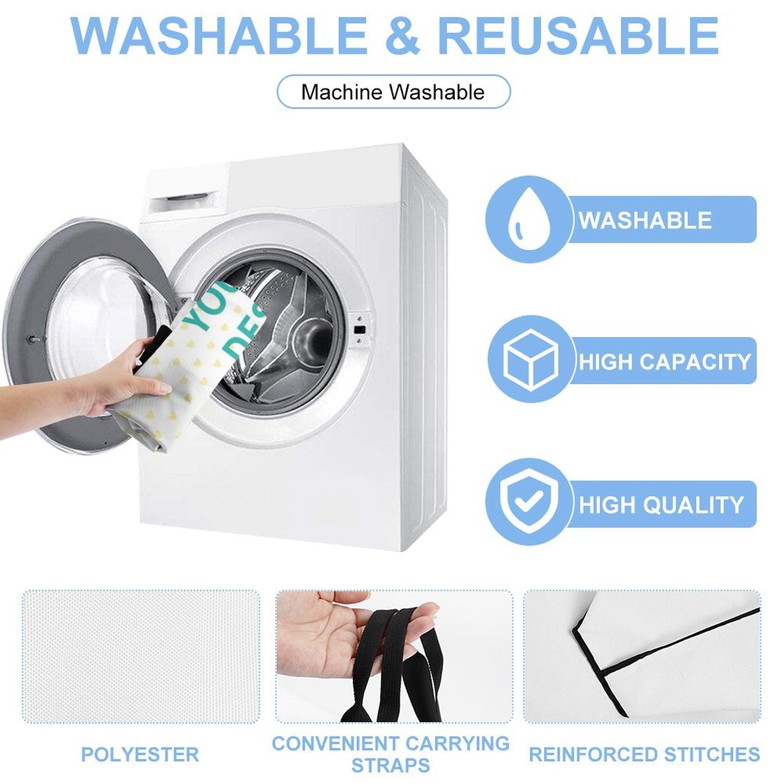 Washable polyester tote bag with high capacity and reinforced stitches, suitable for shopping and personalization