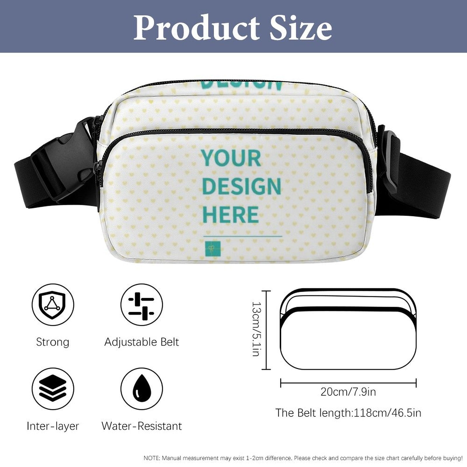 Custom fanny pack with user design, adjustable and water-resistant waist bag, ideal for travel and outdoor activities
