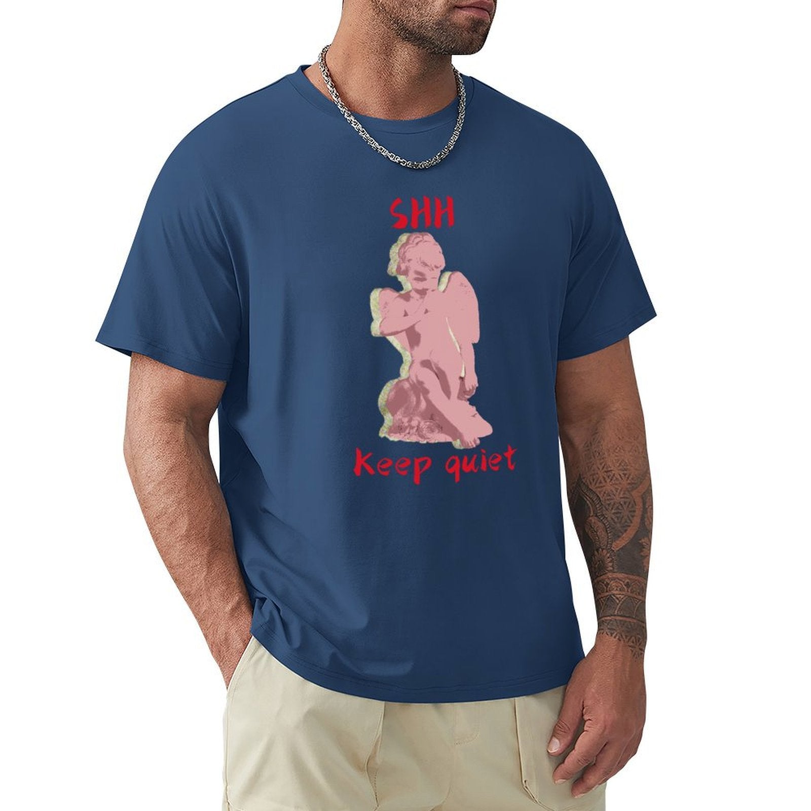 Men's navy blue crew neck t-shirt with pink angel graphic and "SHH Keep Quiet" print