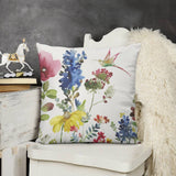 Soft plush pillow cover with watercolor floral and hummingbird design for sofa and couch decor