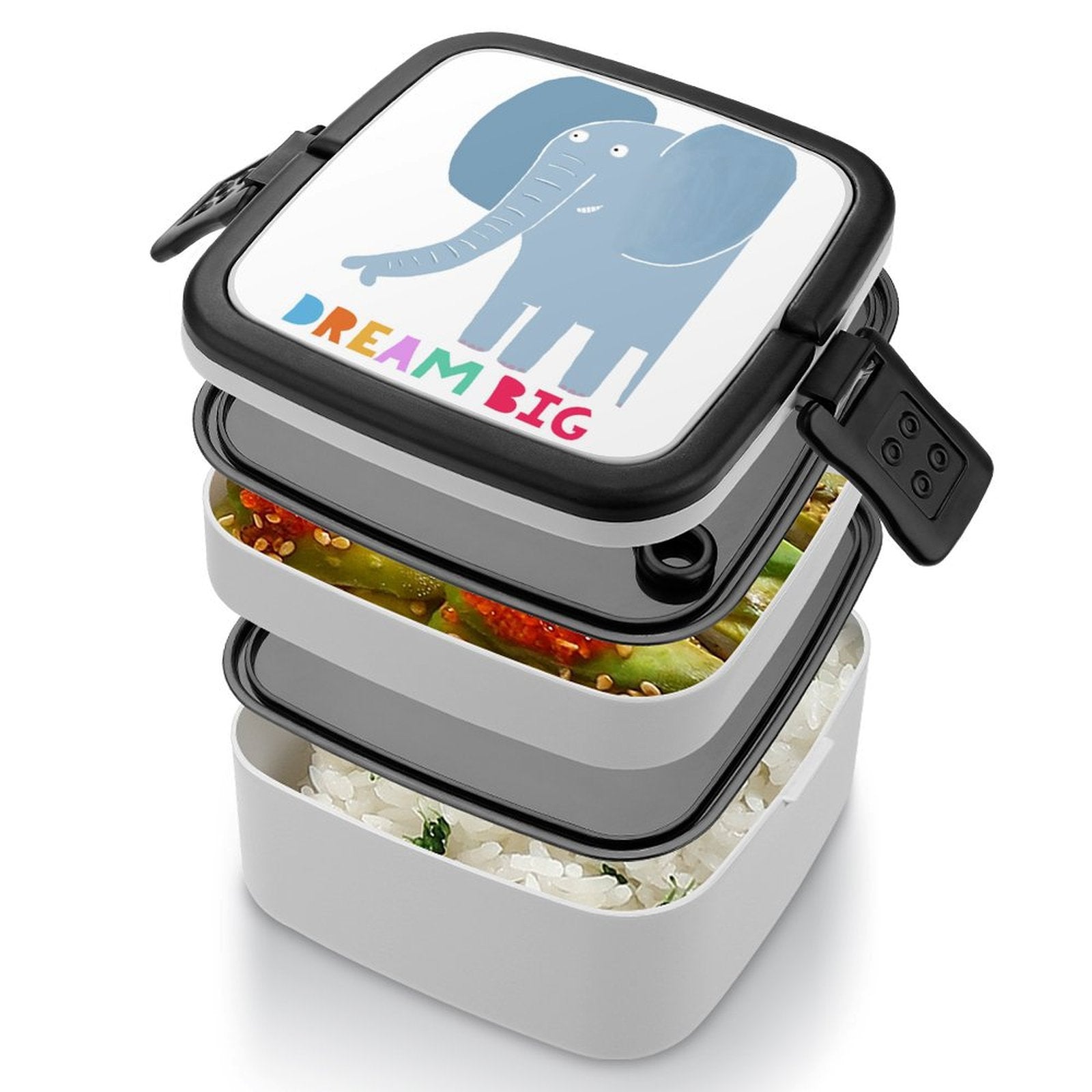 Kids' bento lunch box with elephant design and DREAM BIG text, for school and travel.