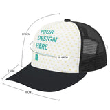 Customizable Trucker Hat with 'YOUR DESIGN HERE' text, black bill and mesh back