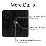 Back of a square wooden wall clock, featuring nail slot, time set knob, and battery compartment for home decor.