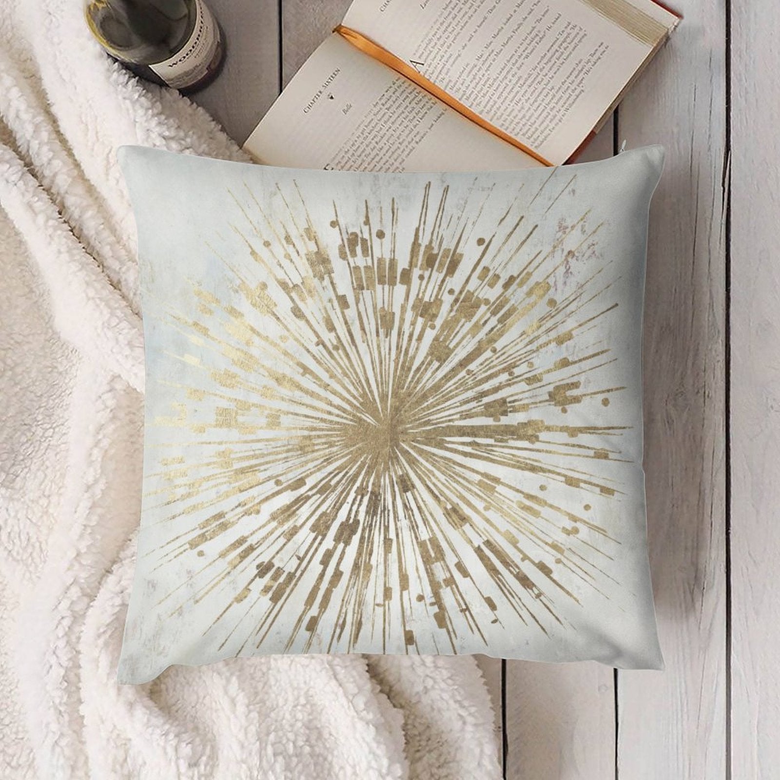 Gold burst design plush pillow cover, a decorative accent for sofas and couches, from MyArtsyGift.