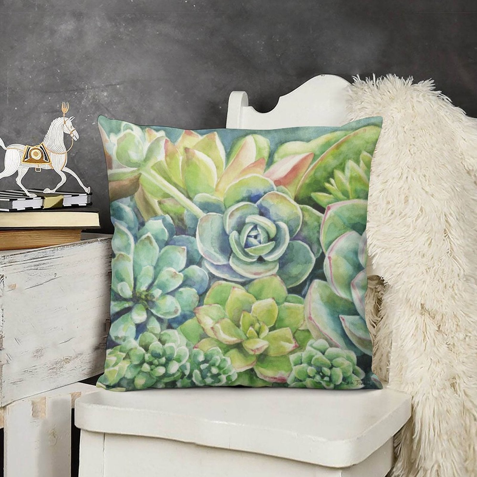 Watercolor succulent pillow cover, soft plush, sofa and living room decor, botanical design