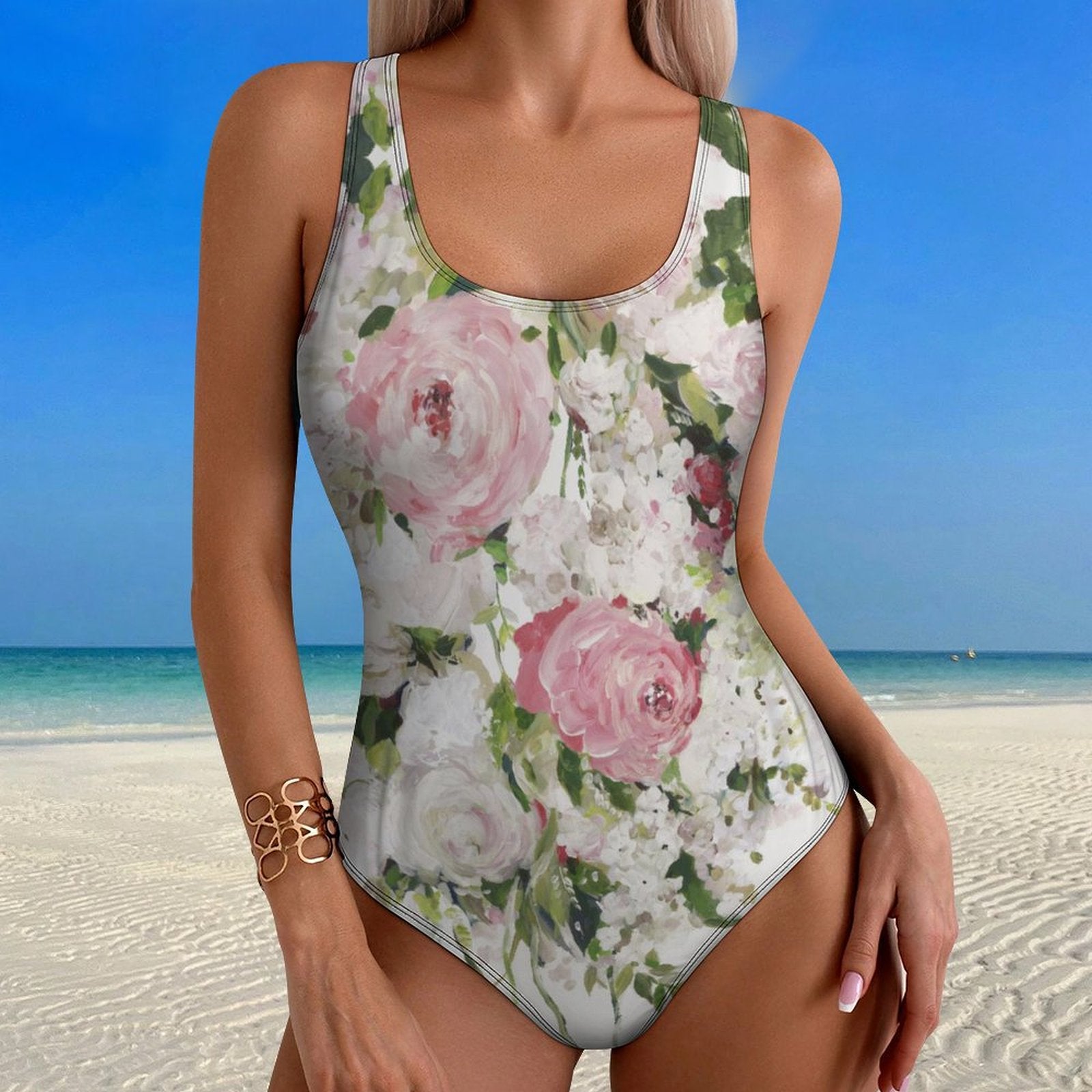 Women's one-piece swimsuit with floral print featuring pink roses, perfect for beach and summer at MyArtsyGift.