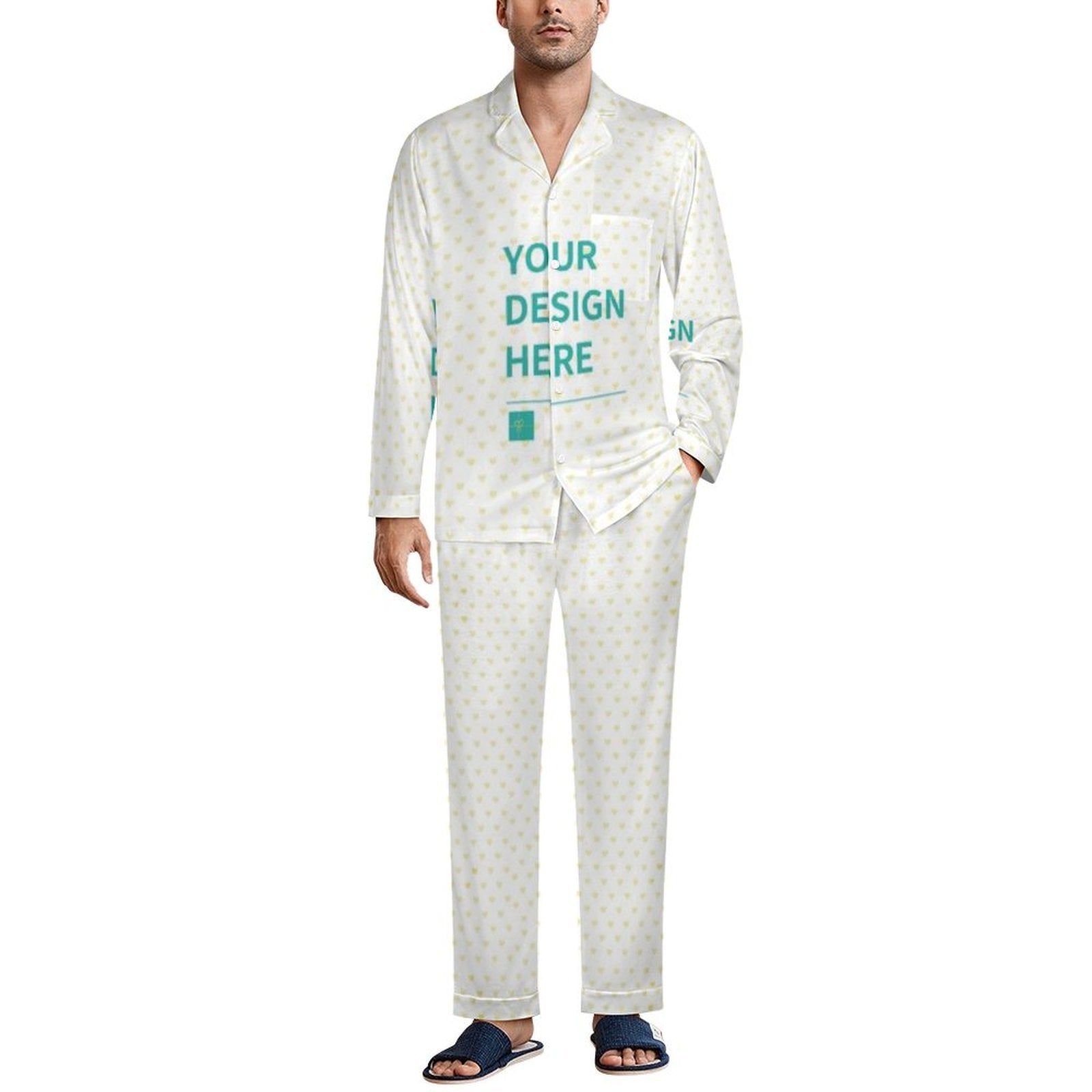 Personalized men's pajama set in cotton-like fabric, custom button-down sleepwear gift with design