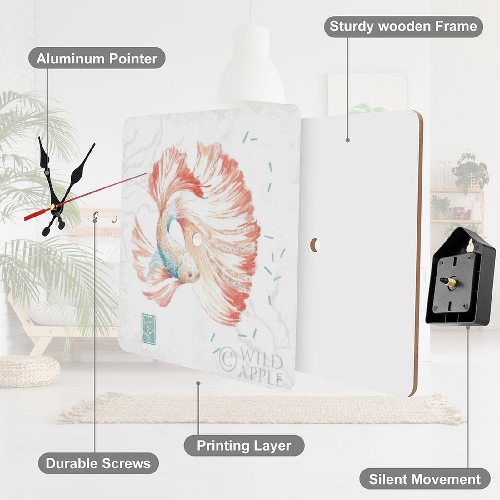 Betta fish wooden wall clock by Wild Apple, square design with silent movement, perfect for home decor