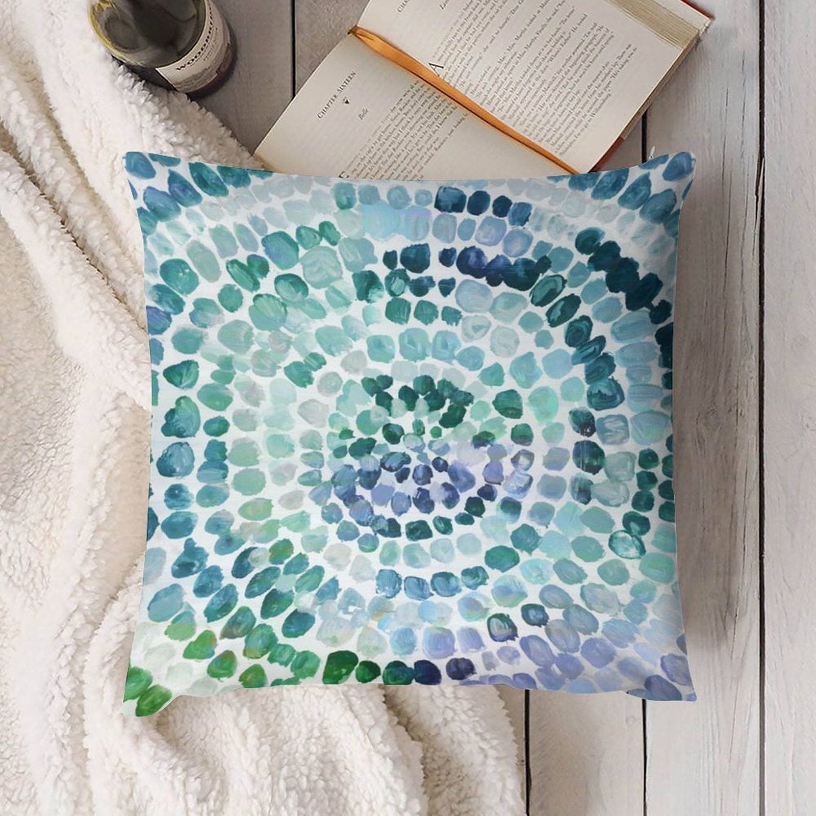 Abstract throw pillow cover in blue and green spiral design, soft and fluffy for sofa or couch.