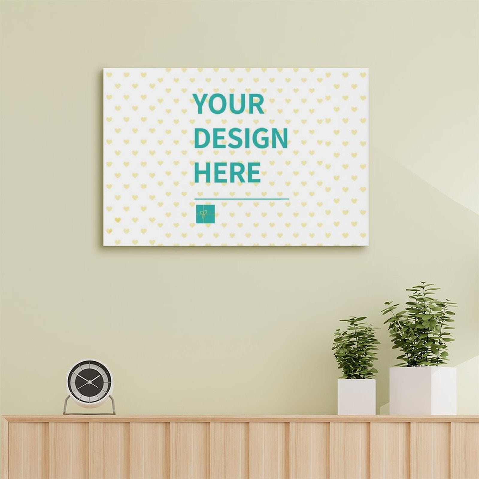 Custom canvas print with 'YOUR DESIGN HERE' text for personalized wall art, made in the USA, from MyArtsyGift