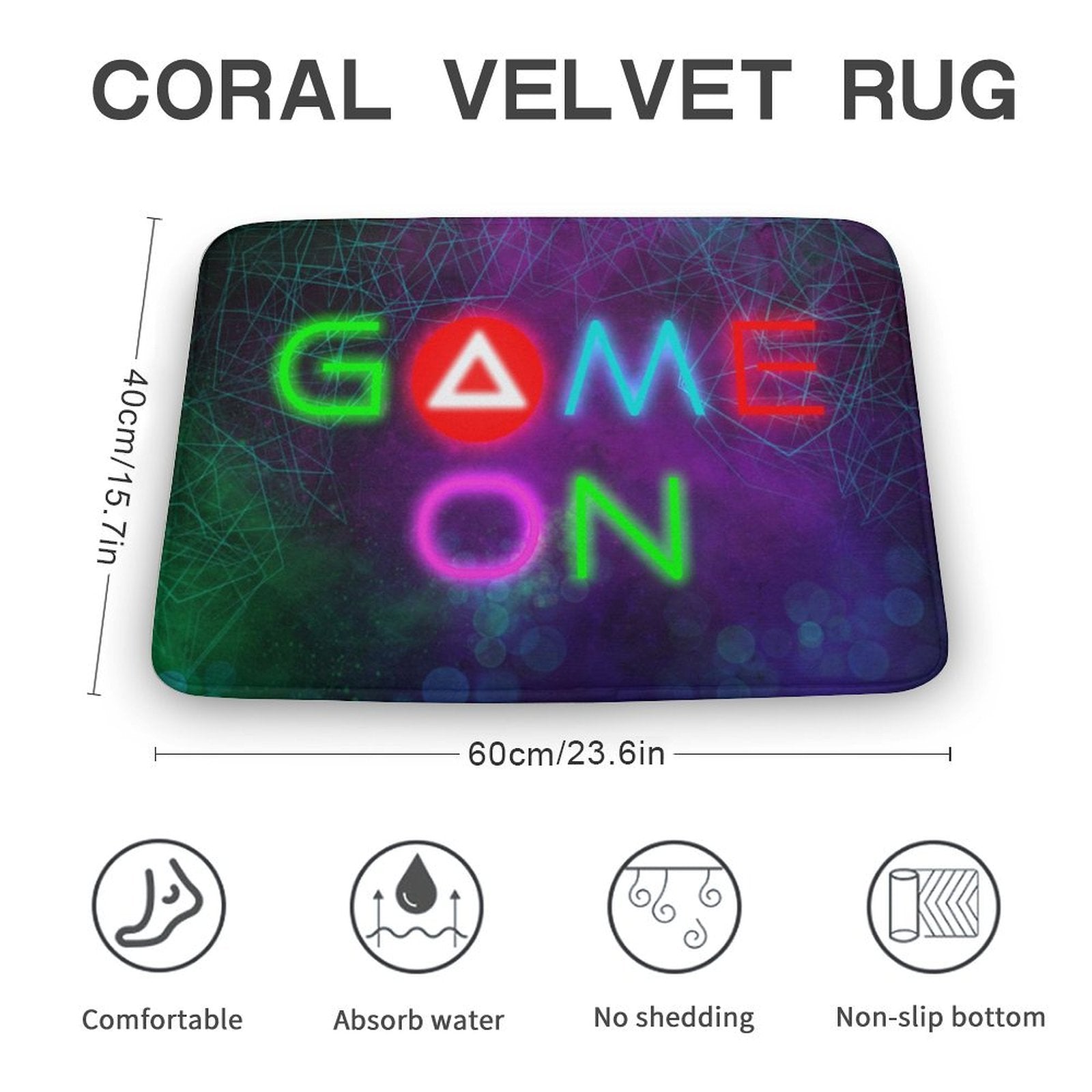 Coral velvet bath rug with 'GAME ON' neon design, non-slip for bathroom.