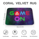 Coral velvet bath rug with 'GAME ON' neon design, non-slip for bathroom.