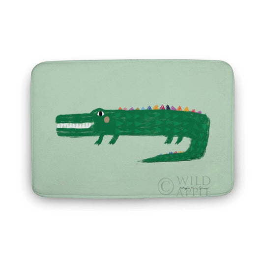 Whimsical green crocodile bath rug with non-slip design, suitable for bathroom, kitchen, or bedroom.