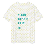 Customizable short sleeve T-shirt for women, round neck with ruffle sleeve, 'Your Design Here' text, heart pattern.