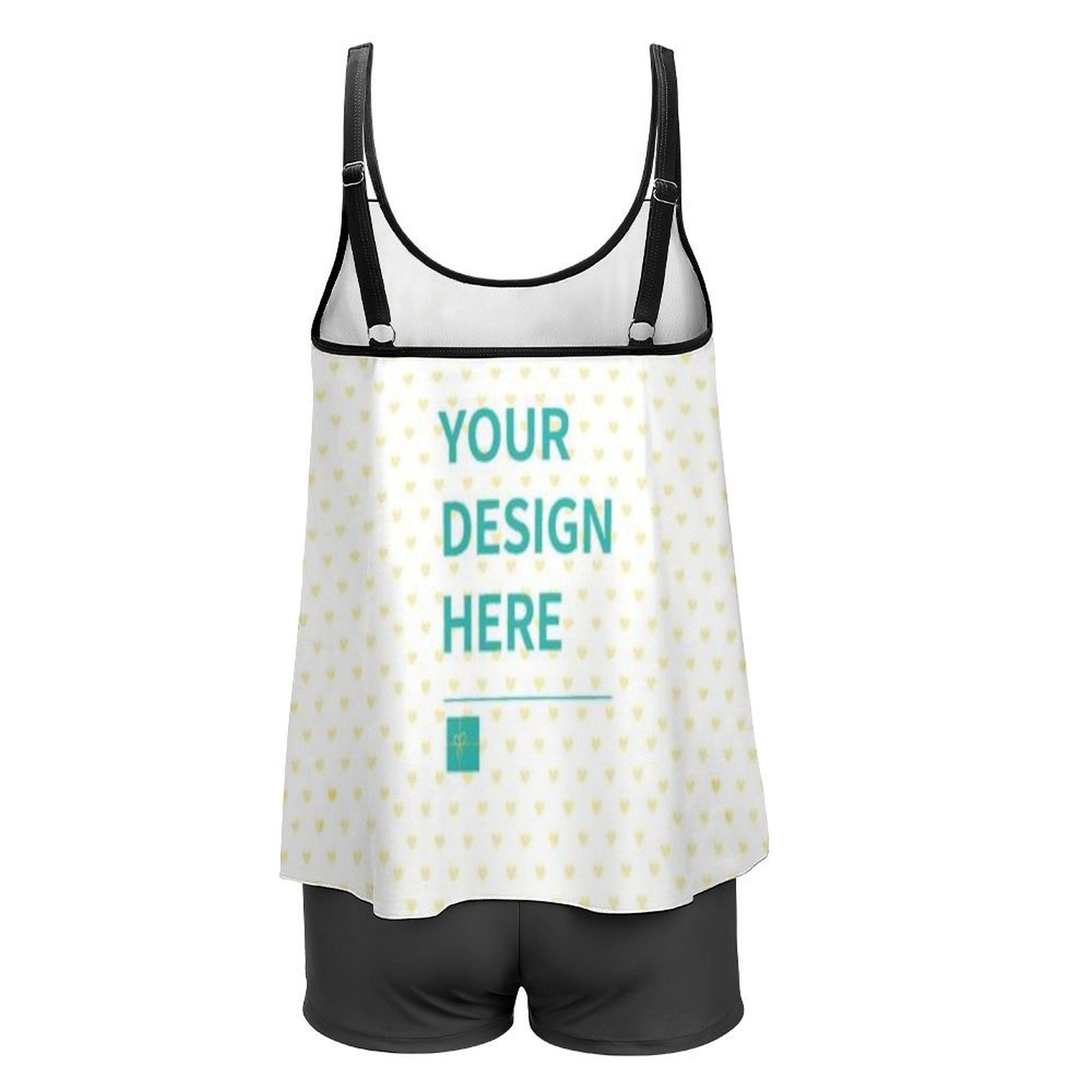 Customizable tankini swimsuit for women, heart pattern, black shorts, 'YOUR DESIGN HERE' option, personalized bathing suit