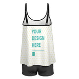 Customizable tankini swimsuit for women, heart pattern, black shorts, 'YOUR DESIGN HERE' option, personalized bathing suit