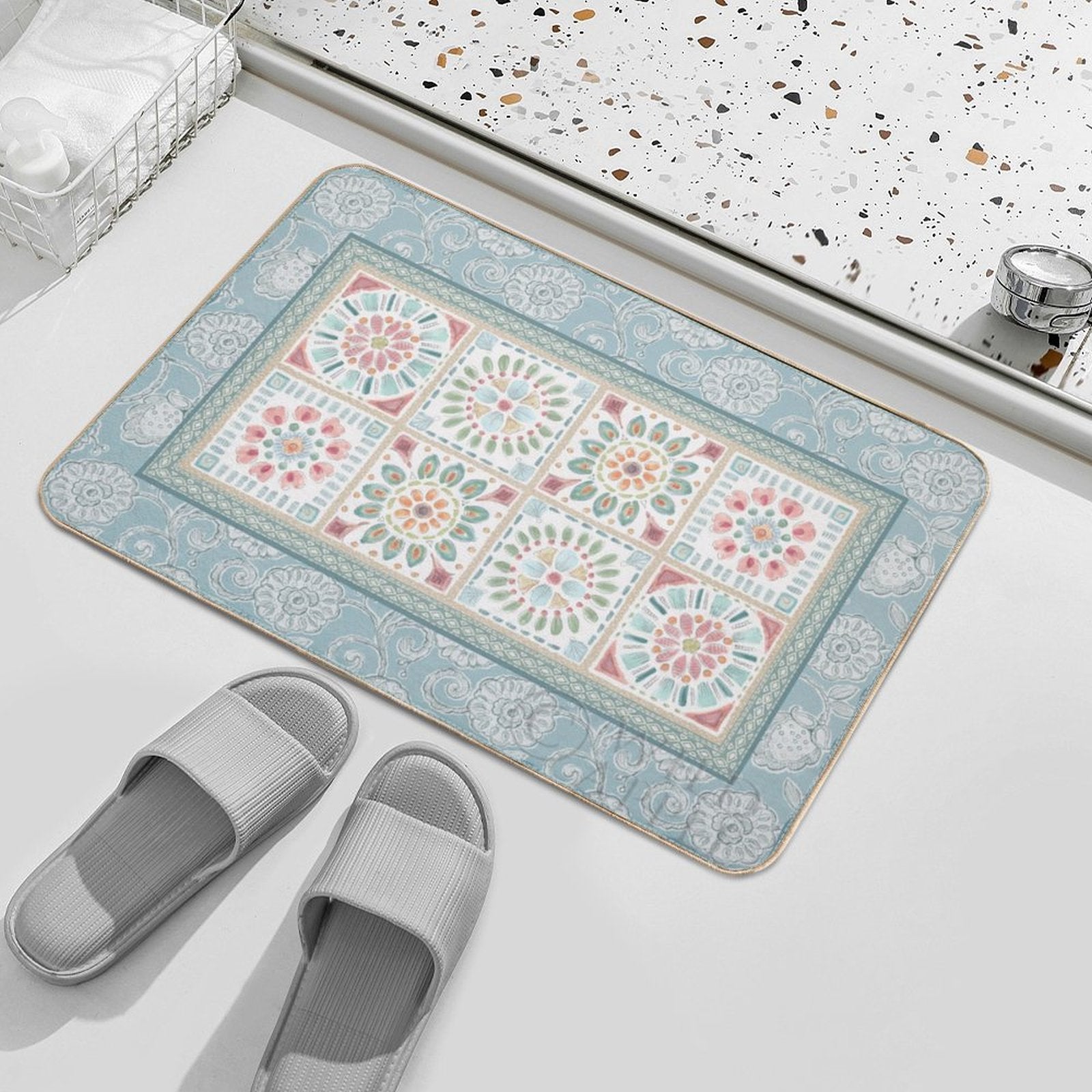 Floral design non-slip floor mat in a bathroom setting, perfect for bedroom decor; Desert BeautiesXIX