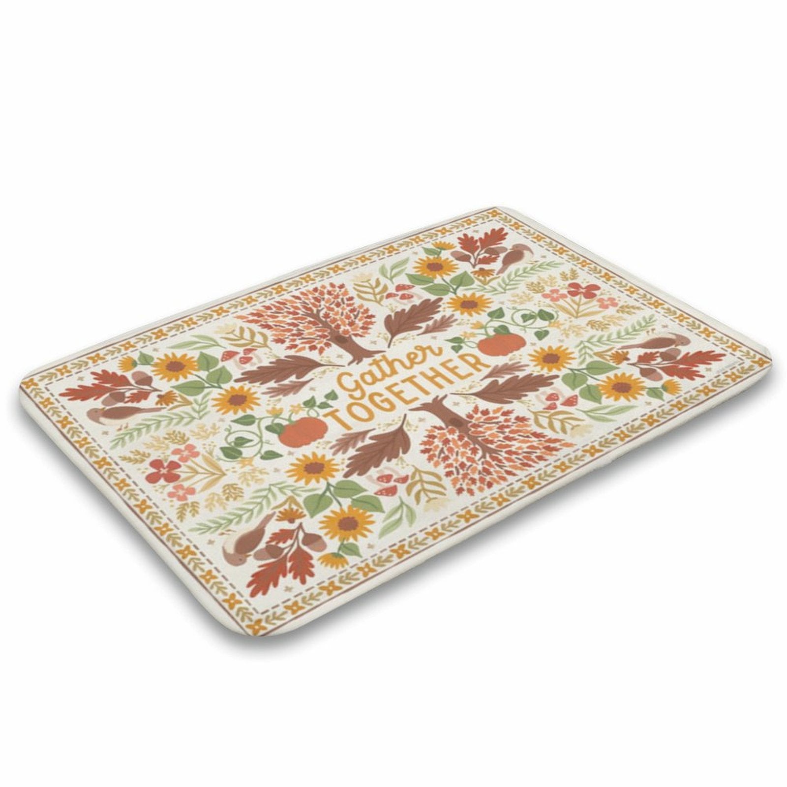 Coral velvet bath rug with autumn floral pattern, 'Gather Together' design, non-slip for bathroom/kitchen