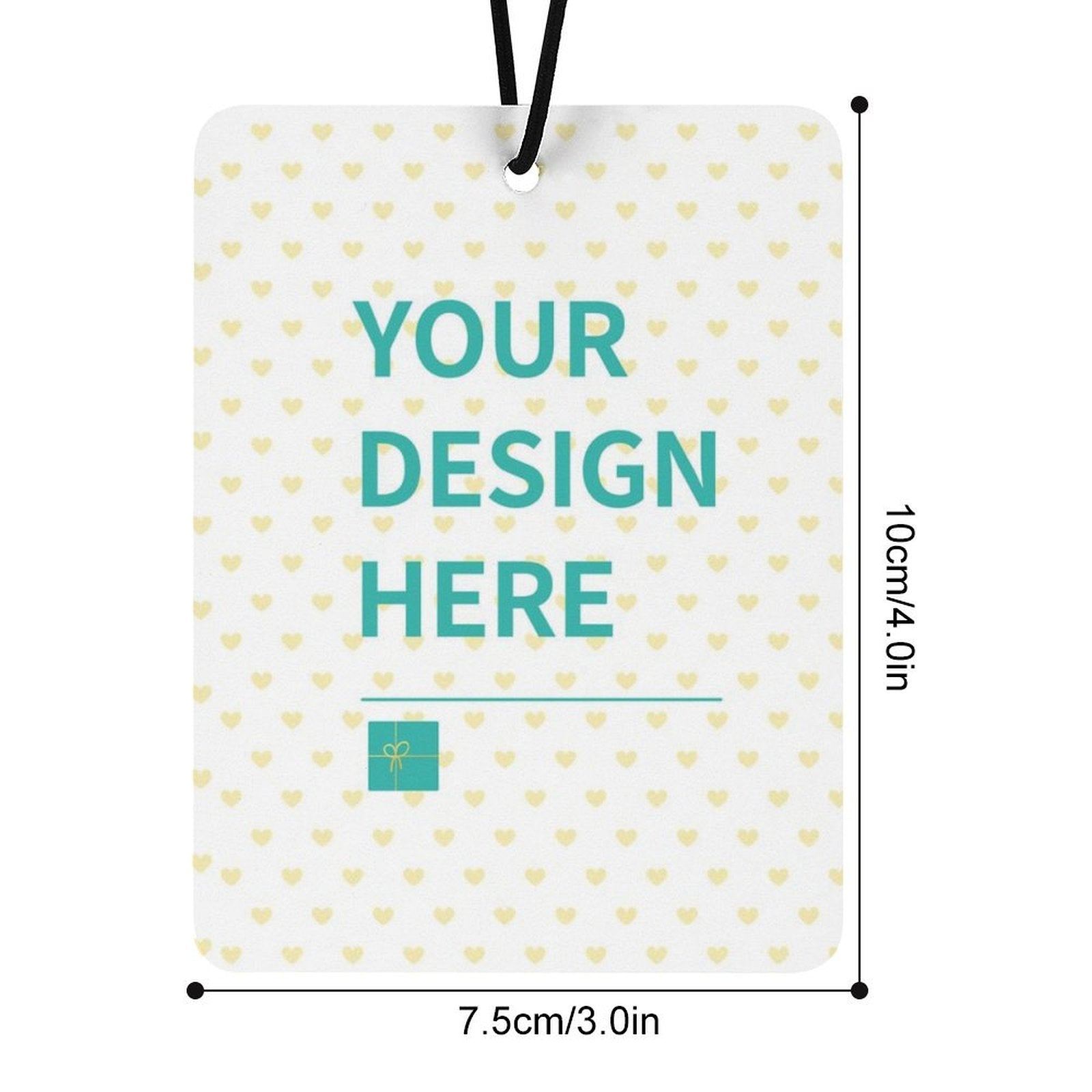 Customizable double-sided air freshener with personalized design, for car or bathroom, featuring 'YOUR DESIGN HERE' text