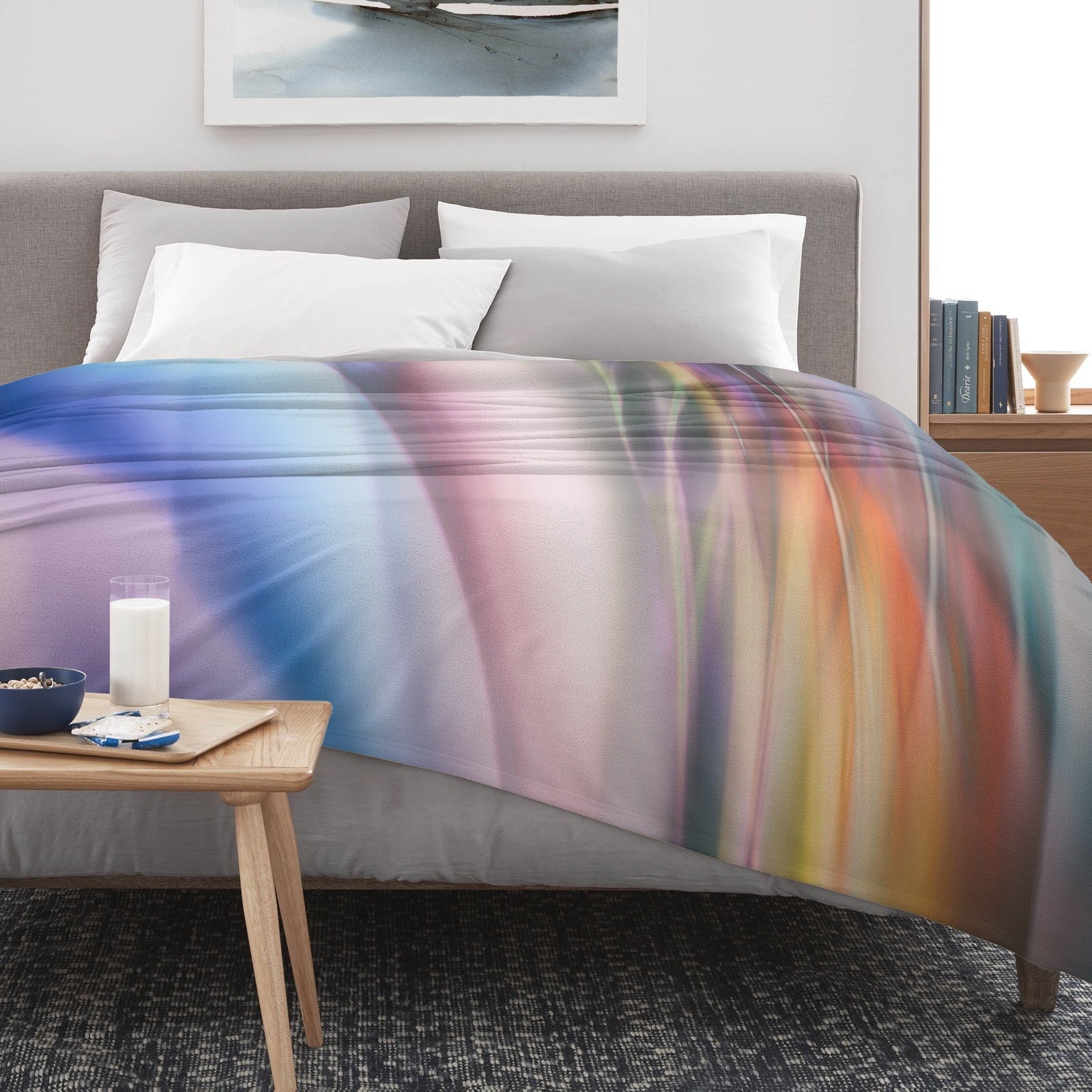 Abstract colorful flannel blanket on a bed, soft polyester material, perfect for sofa or bed