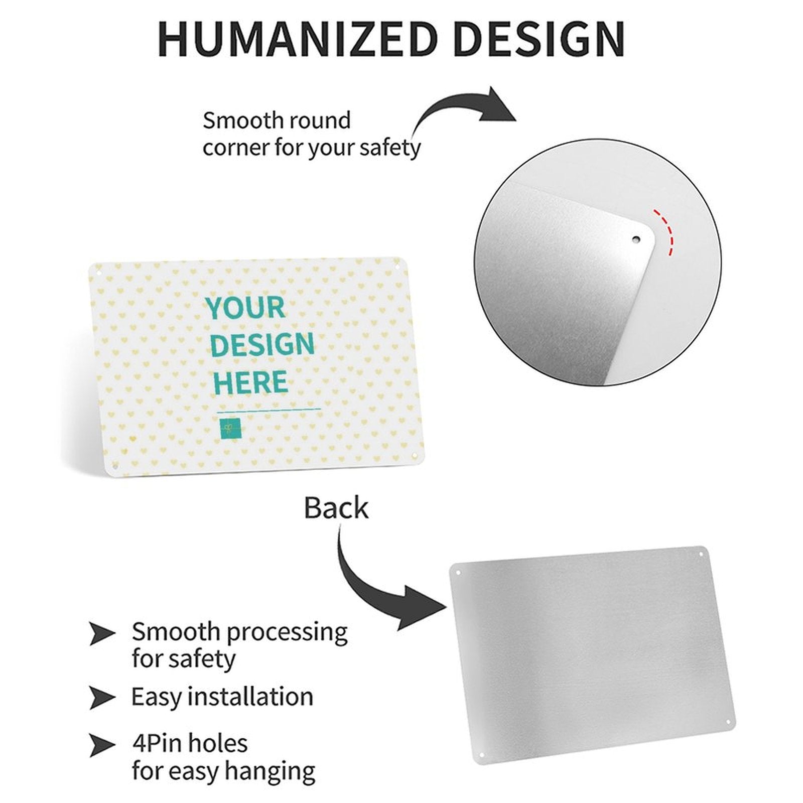 Custom aluminum plaque with design area, smooth corners, easy installation, perfect for gifts.