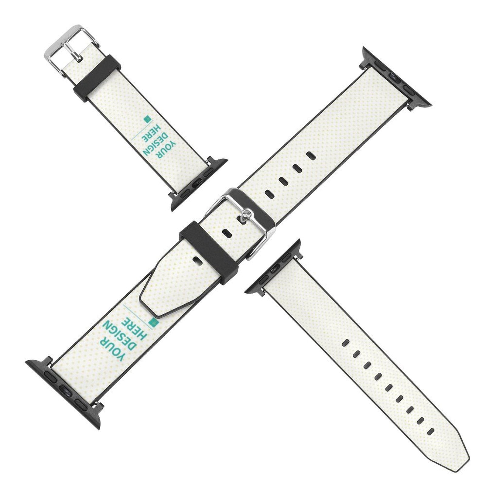 Custom white PU leather Apple Watch band, YOUR DESIGN HERE text, compatible with iWatch Series. Featuring design details.