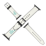 Custom white PU leather Apple Watch band, YOUR DESIGN HERE text, compatible with iWatch Series. Featuring design details.