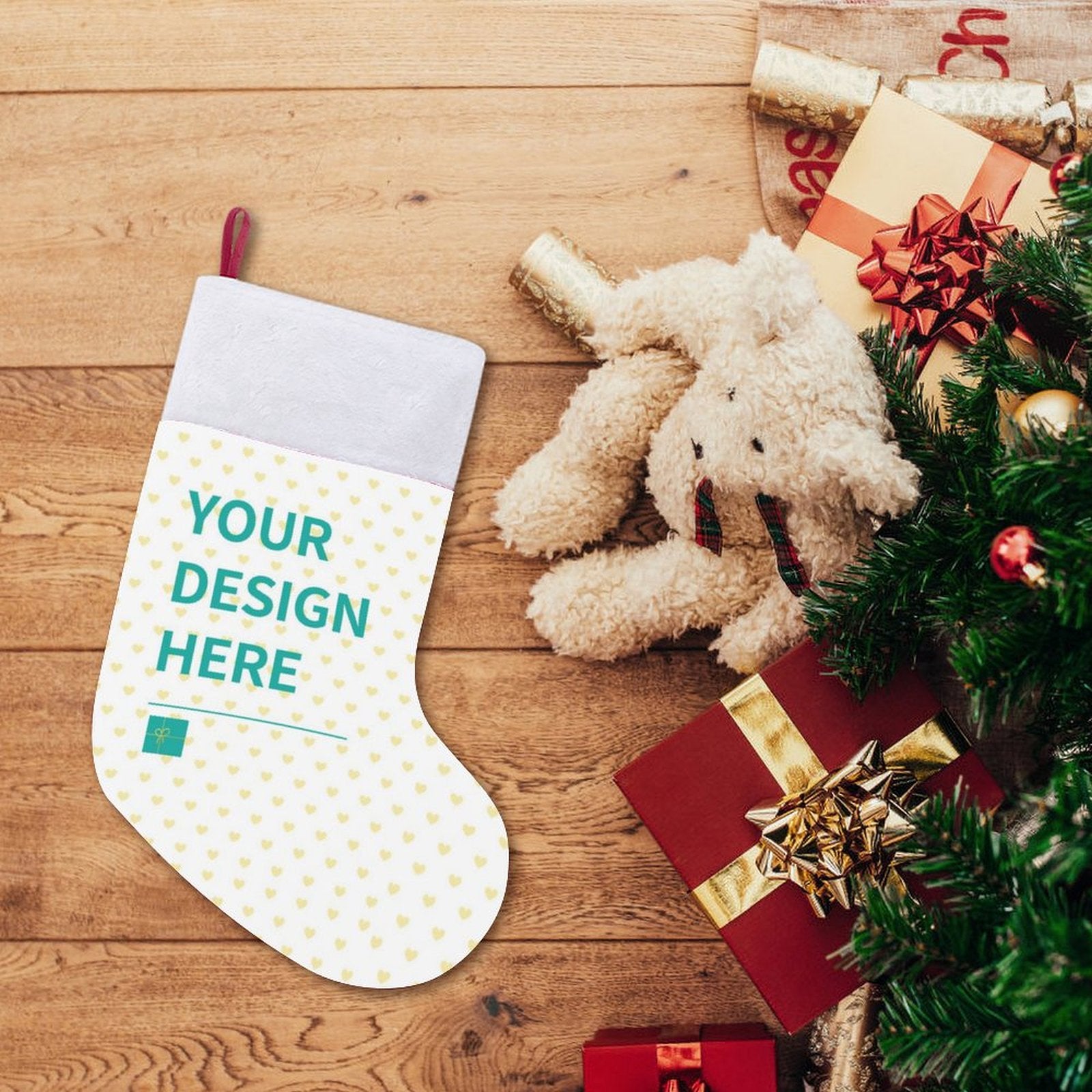 Customizable Christmas stocking with "YOUR DESIGN HERE" text, perfect for holiday gifts and family decorations