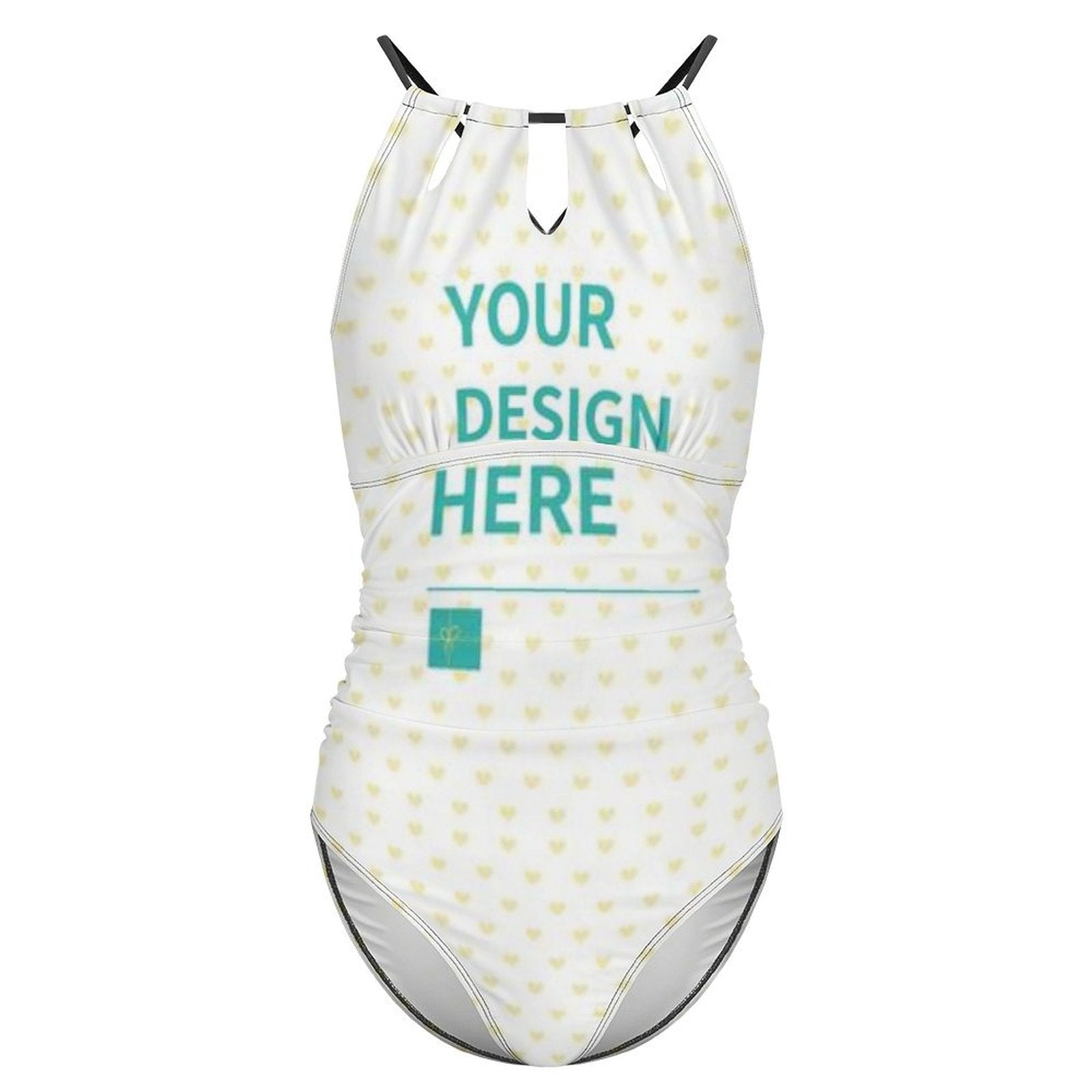 Customizable halter swimsuit with 'YOUR DESIGN HERE' print, perfect for MyArtsyGift personalized design