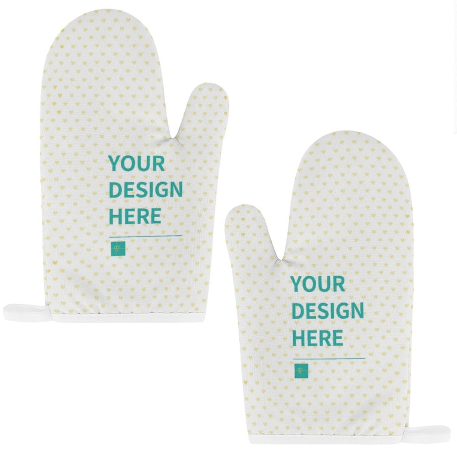 Customizable oven mitts with "YOUR DESIGN HERE" design. White with yellow hearts, ideal for kitchen, baking, and grilling.