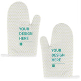 Customizable oven mitts with "YOUR DESIGN HERE" design. White with yellow hearts, ideal for kitchen, baking, and grilling.
