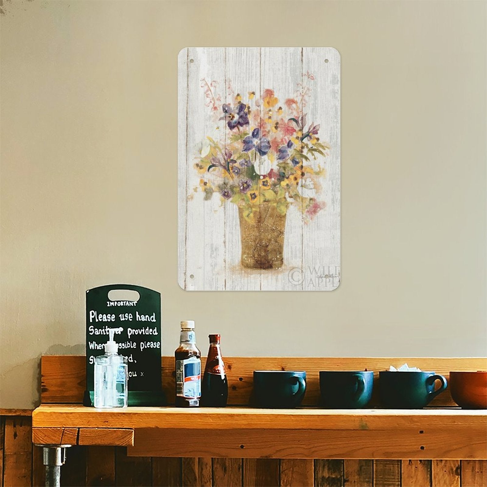 Metal tin sign, wildflowers in vase artwork, personalized iron painting for home decor, rustic design.