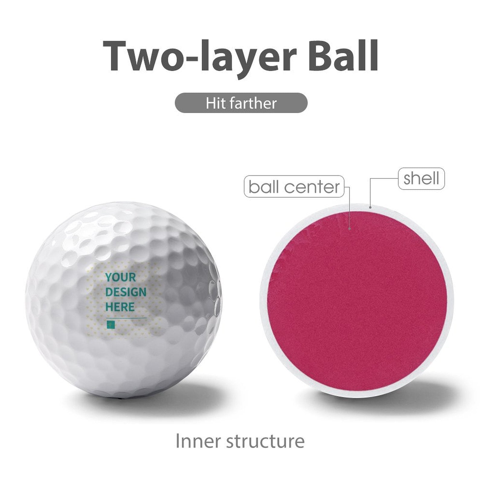 Personalized golf ball, two-layer design with space for custom art, perfect for men, featuring core and shell structure