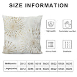 Plush pillow cover with golden starburst design, size information chart, breathable fabric