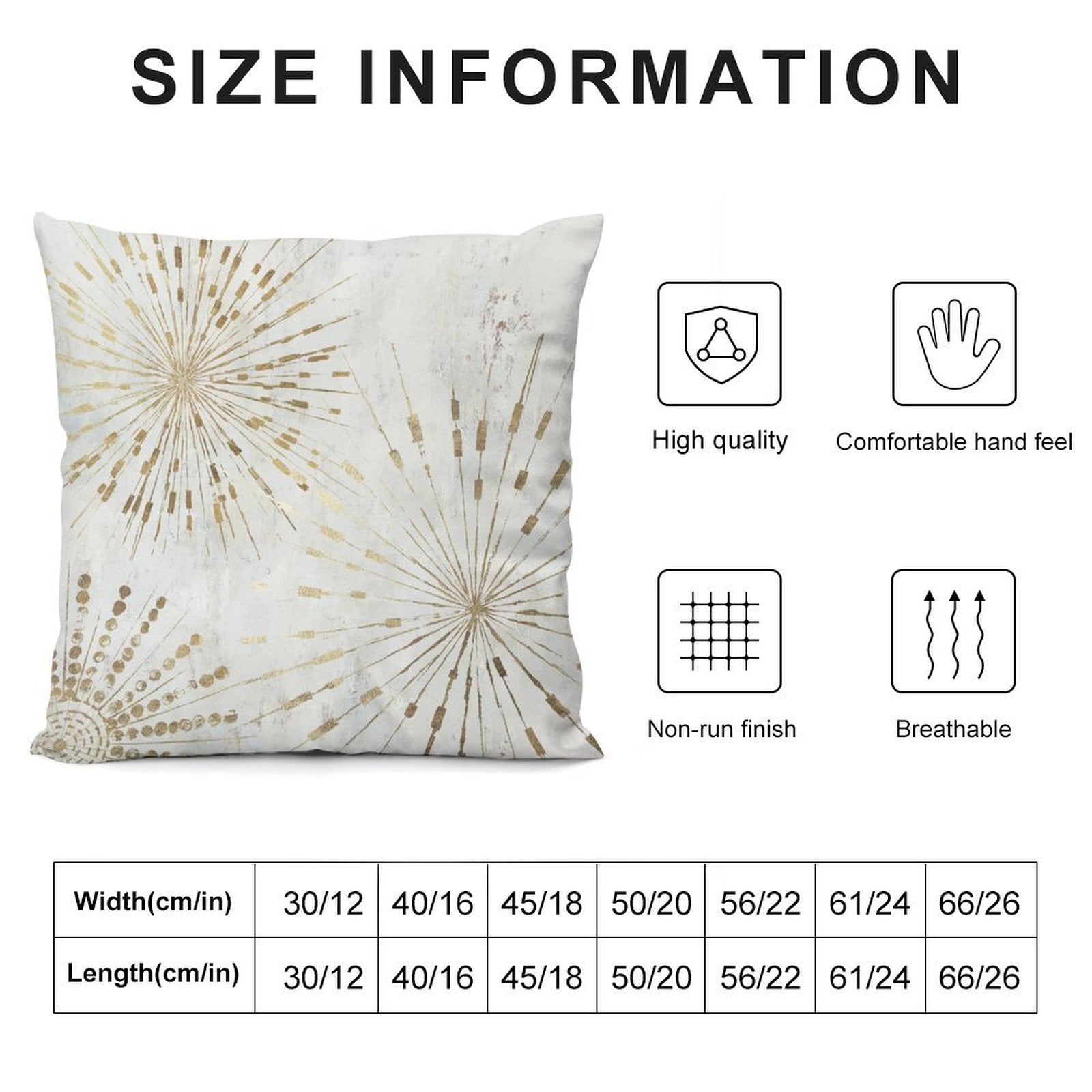 Luxury plush pillow cover size chart, golden pattern on white, for sofa and couch, MyArtsyGift