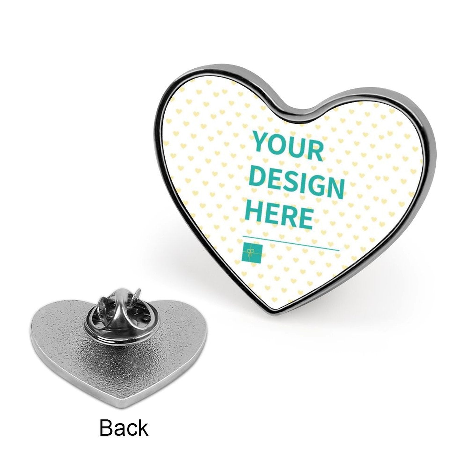 Personalized heart lapel pin in aluminum alloy. 'YOUR DESIGN HERE' design, perfect for custom gifts.