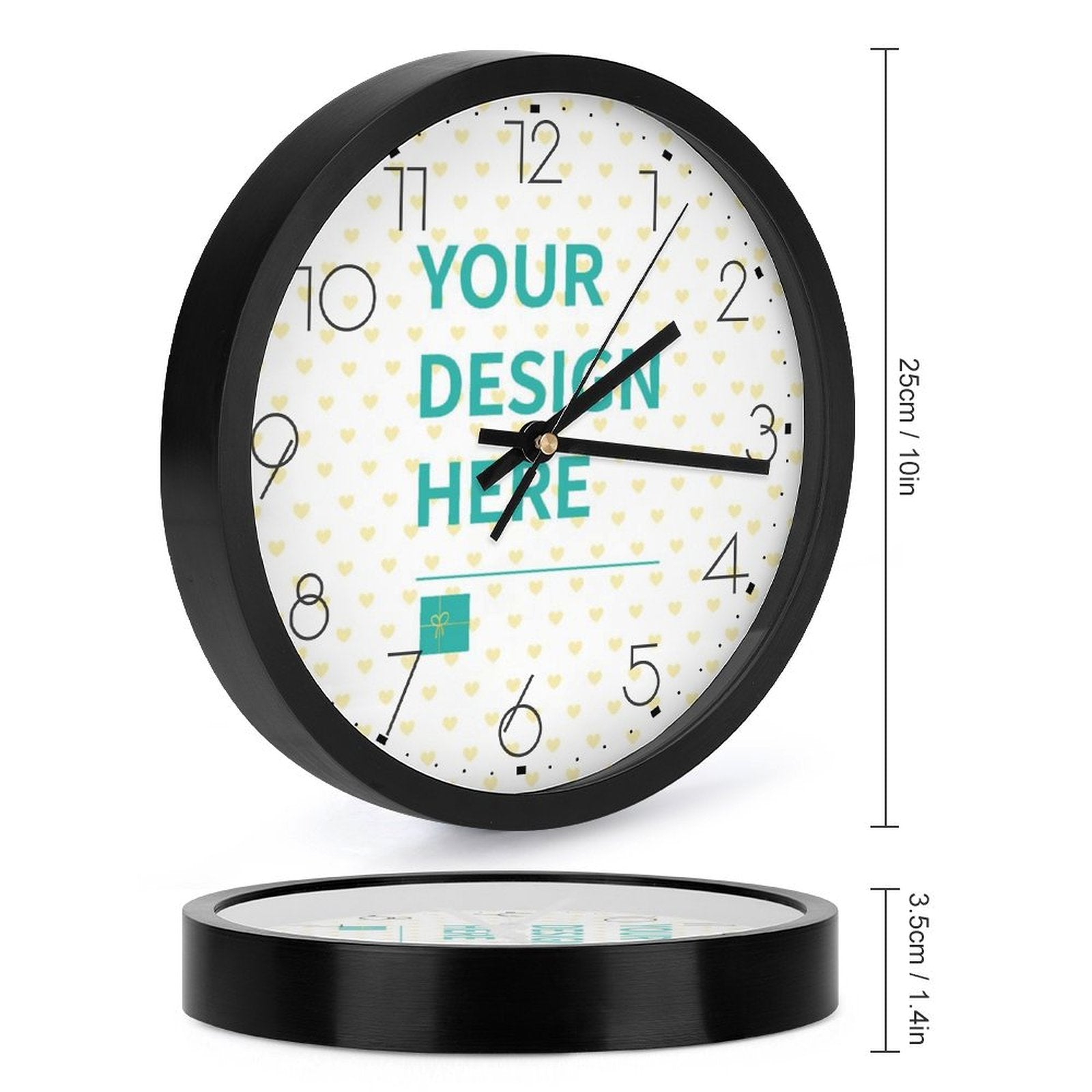 Customizable round clock, black frame, 'YOUR DESIGN HERE' text, perfect home decor gift.