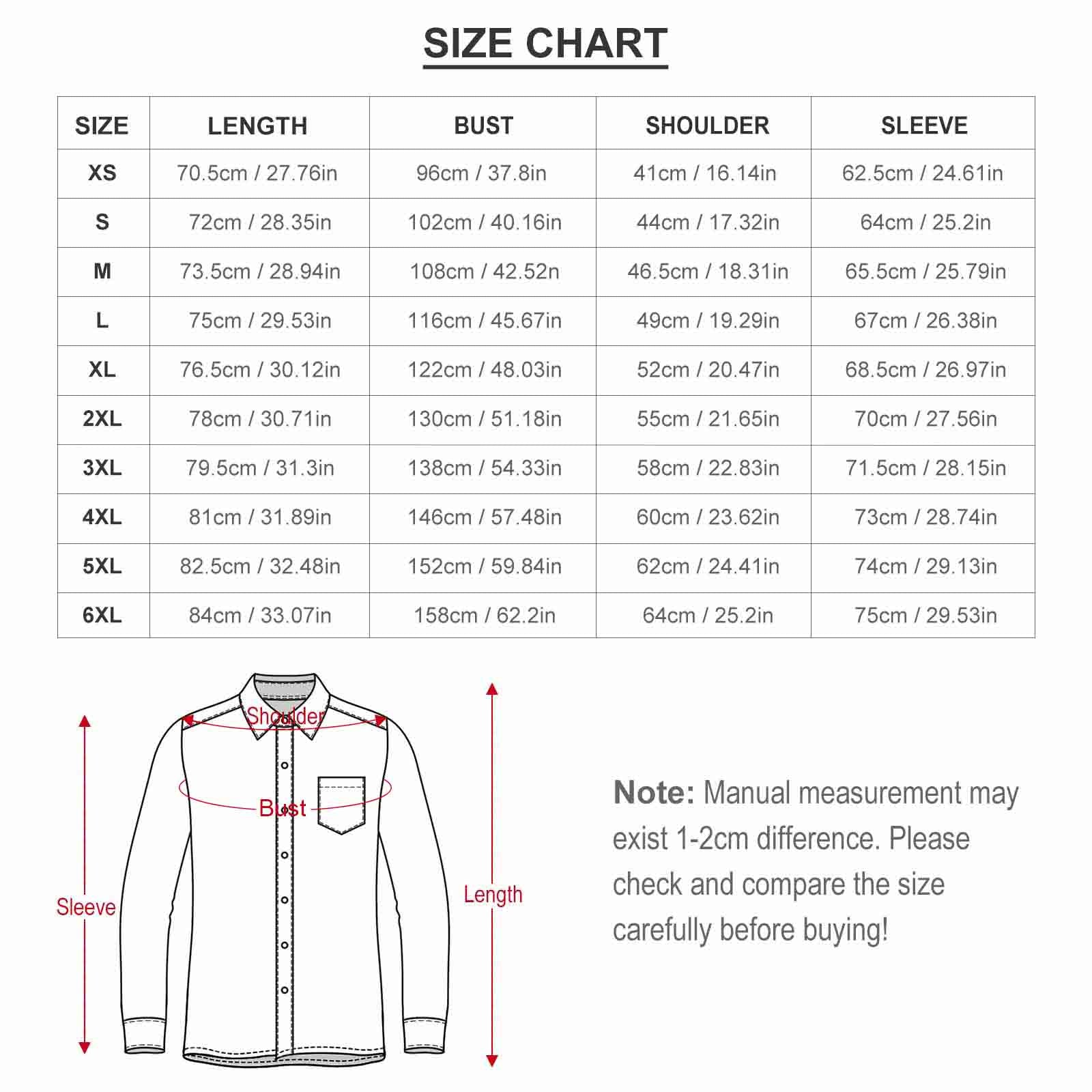 Men's Long Sleeve Shirt Size Chart, featuring Length, Bust, Shoulder, and Sleeve measurements across XS to 6XL sizes