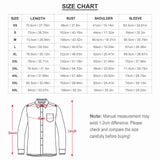 Men's Long Sleeve Shirt Size Chart, featuring Length, Bust, Shoulder, and Sleeve measurements across XS to 6XL sizes