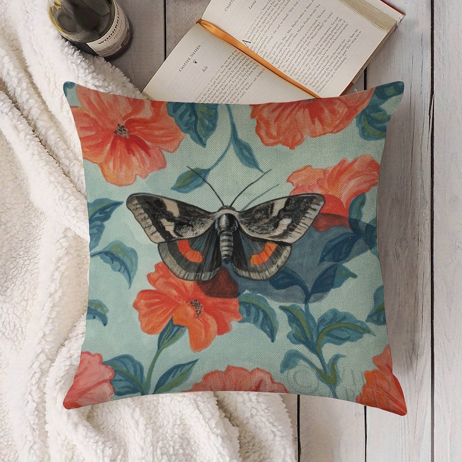 Academia Moth linen throw pillow case with floral design, home decor accent for living room or bedroom