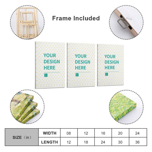 Customizable 3-panel canvas prints for baby, pet, or family with personalized design, framed. Product specifications shown.