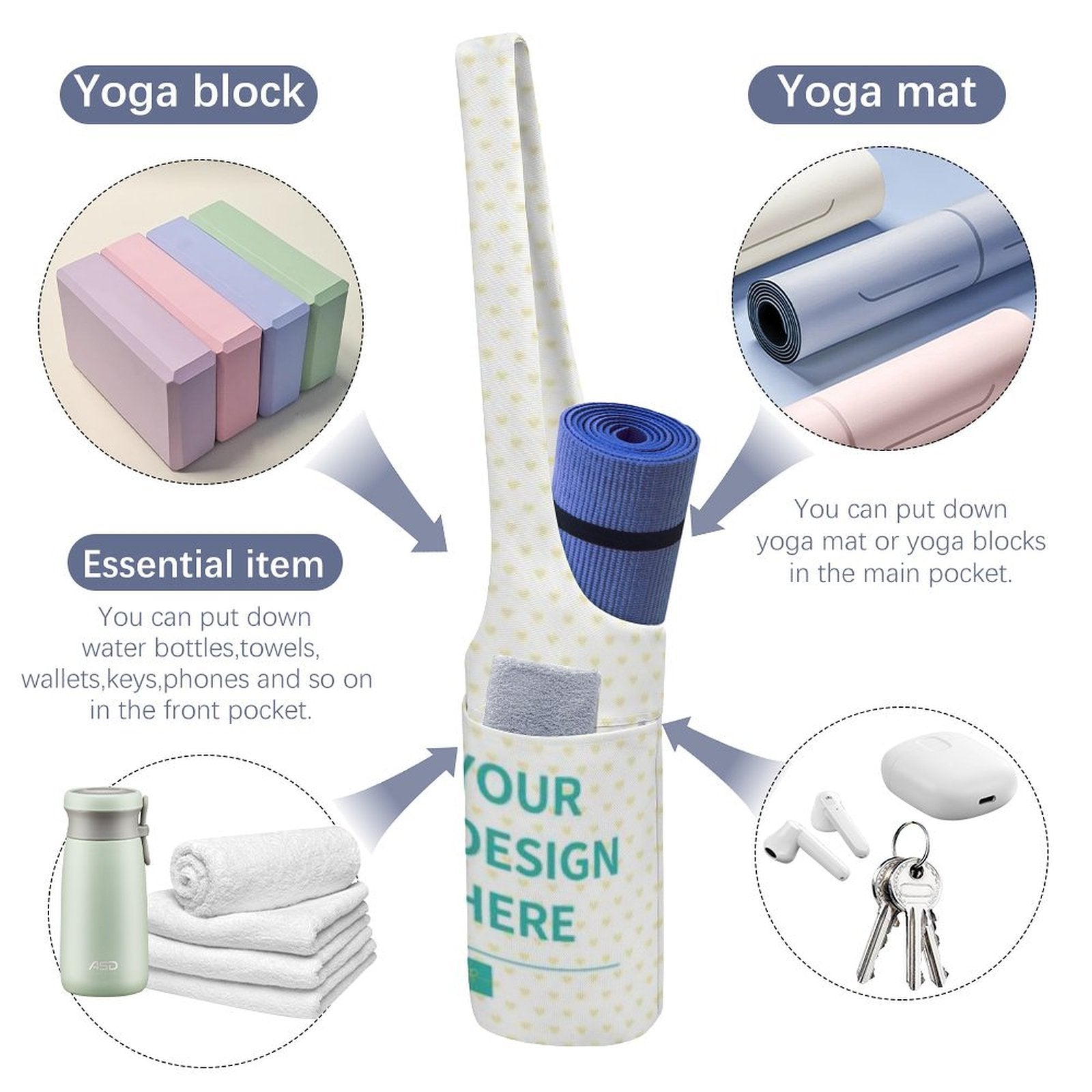 Custom yoga mat bag with multiple pockets, holding yoga mat and accessories, "YOUR DESIGN HERE" design.