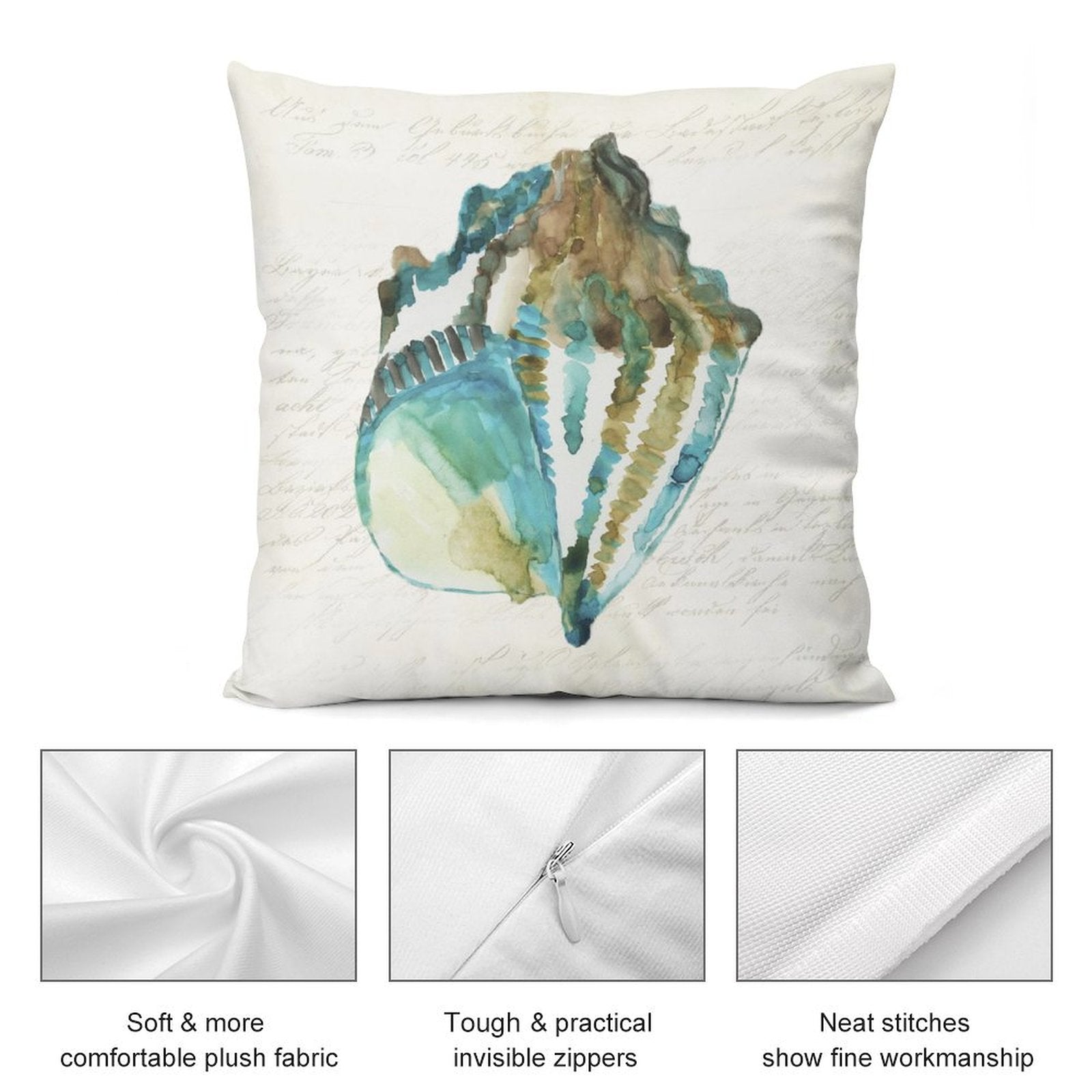 Plush throw pillow cover with watercolor seashell design, soft plush fabric, invisible zipper, MyArtsyGift home decor