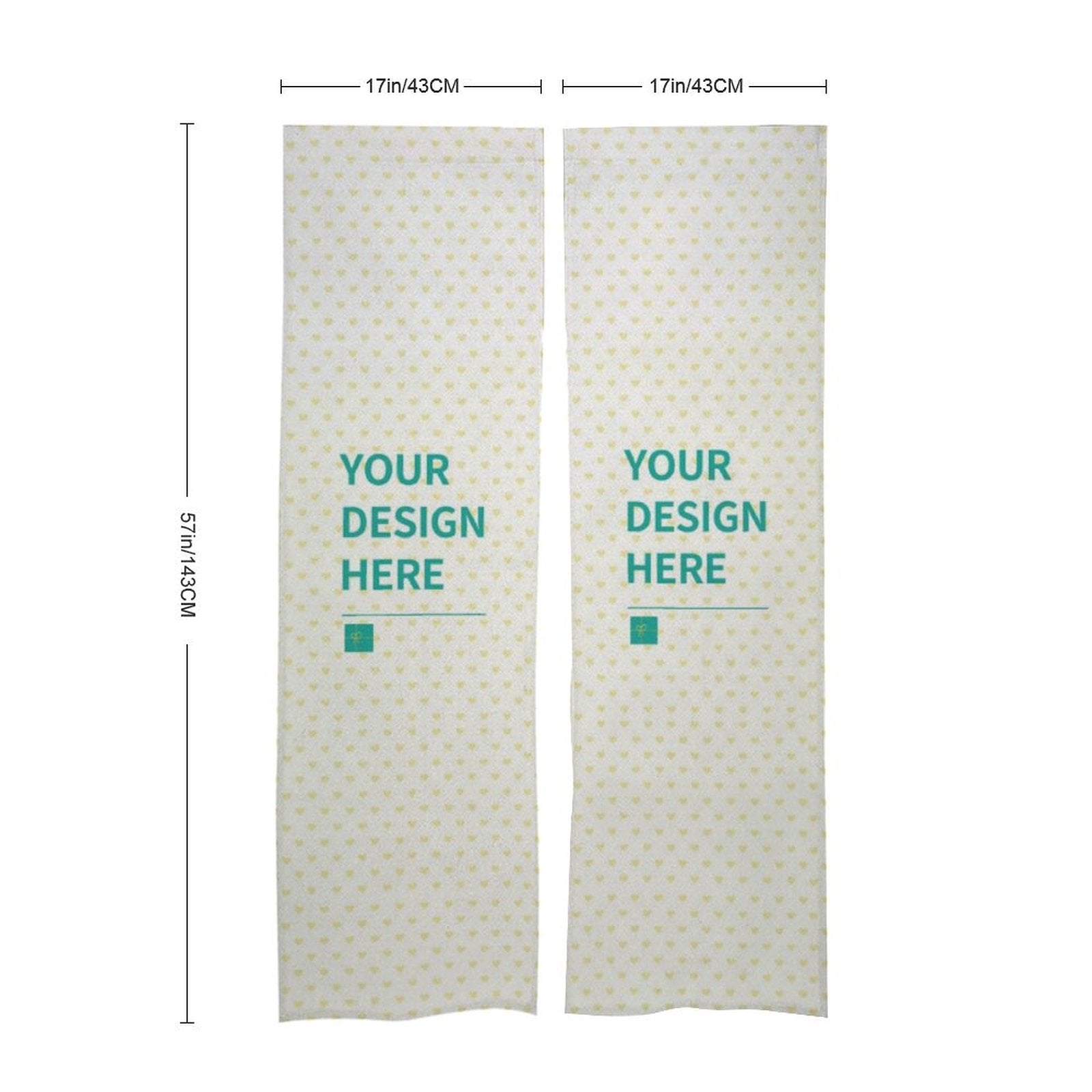 Customizable white linen door curtain with heart pattern and Your Design Here text, perfect for home, kitchen, or bistro.